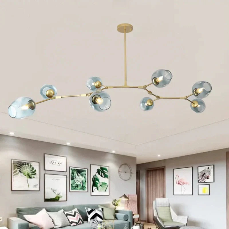 Lampadario a bracci moderno orientabile in vetro oro a più luci per soggiorno