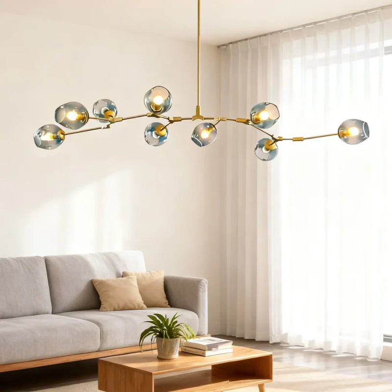 Lampadario a bracci moderno orientabile in vetro oro a più luci per soggiorno