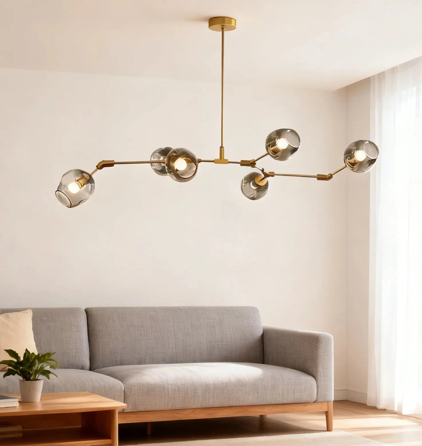 Lampadario a bracci moderno orientabile in vetro oro a più luci per soggiorno