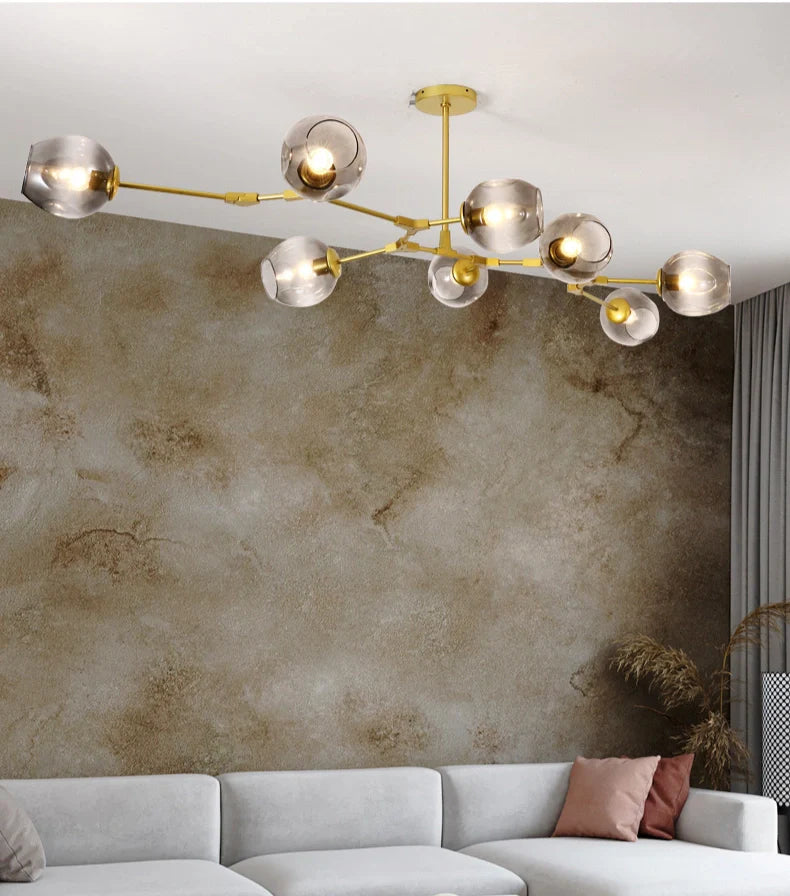 Lampadario a bracci moderno orientabile in vetro oro a più luci per soggiorno