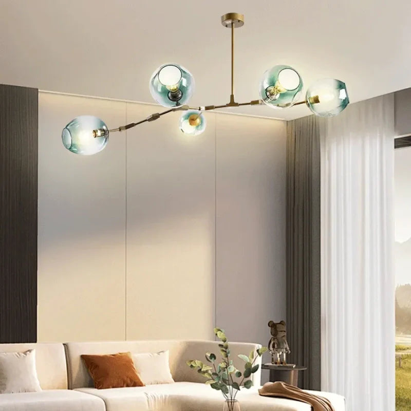 Lampadario a bracci moderno orientabile in vetro oro a più luci per soggiorno