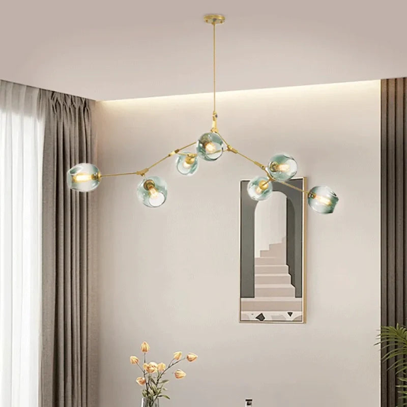 Lampadario a bracci moderno orientabile in vetro oro a più luci per soggiorno