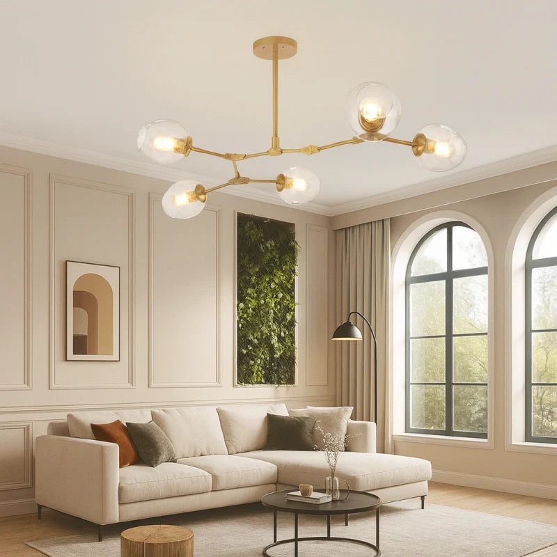 Lampadario a bracci moderno orientabile in vetro oro a più luci per soggiorno