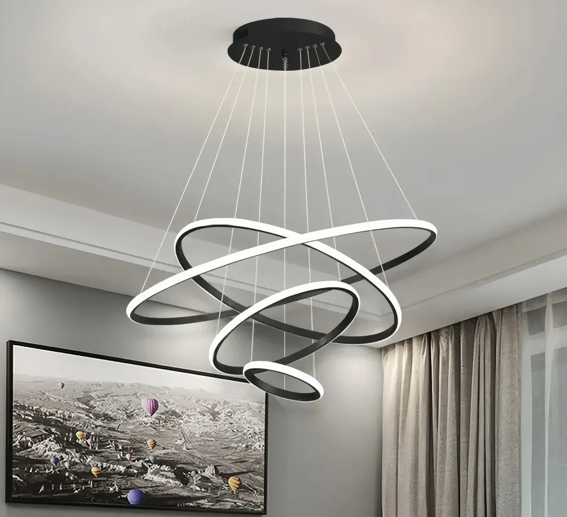 Lampadario ad anelli LED dimmerabile in metallo dal design moderno per soggiorno