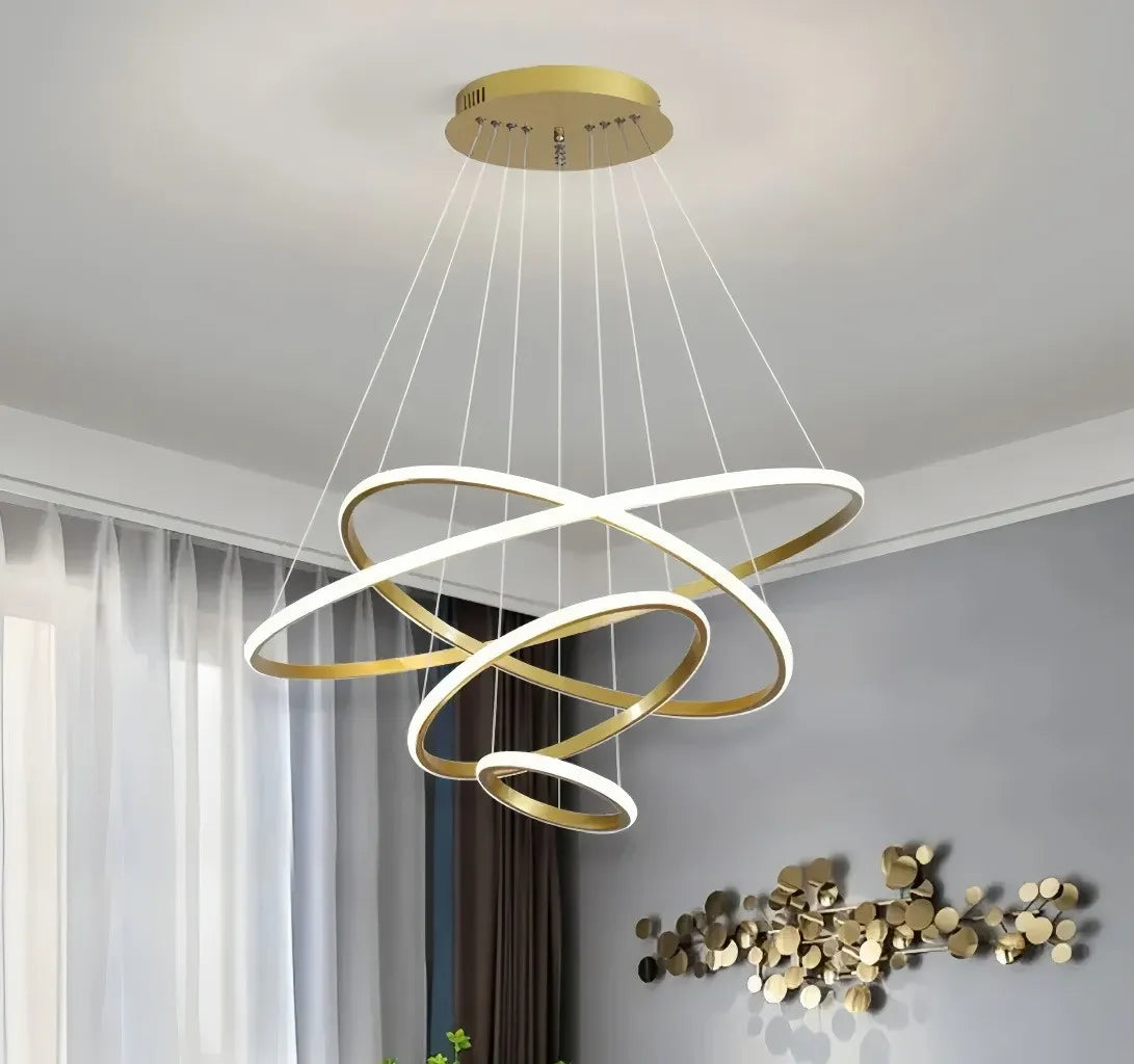 Lampadario ad anelli LED dimmerabile in metallo dal design moderno per soggiorno