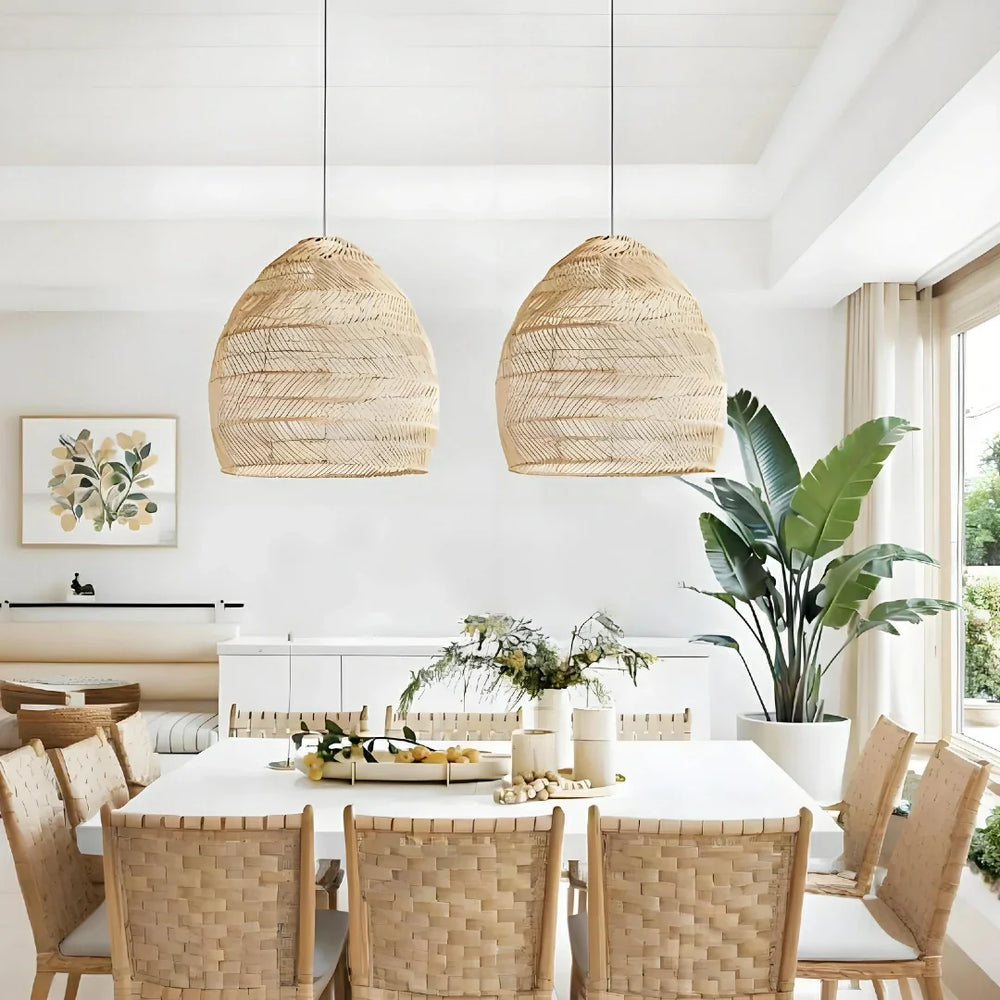 Lampadario a sospensione in rattan naturale a forma di lanterna per sala da pranzo