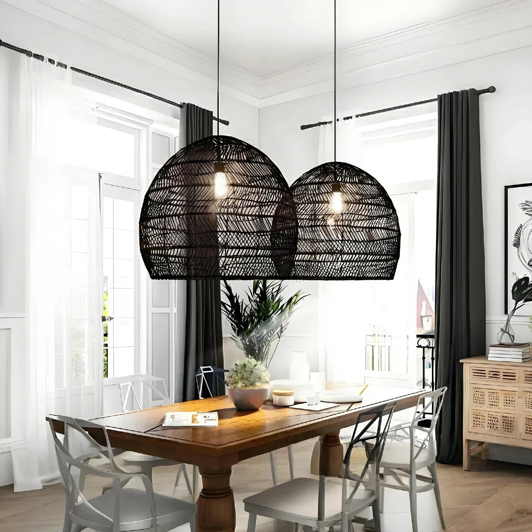 Lampadario a sospensione in rattan naturale a forma di lanterna per sala da pranzo