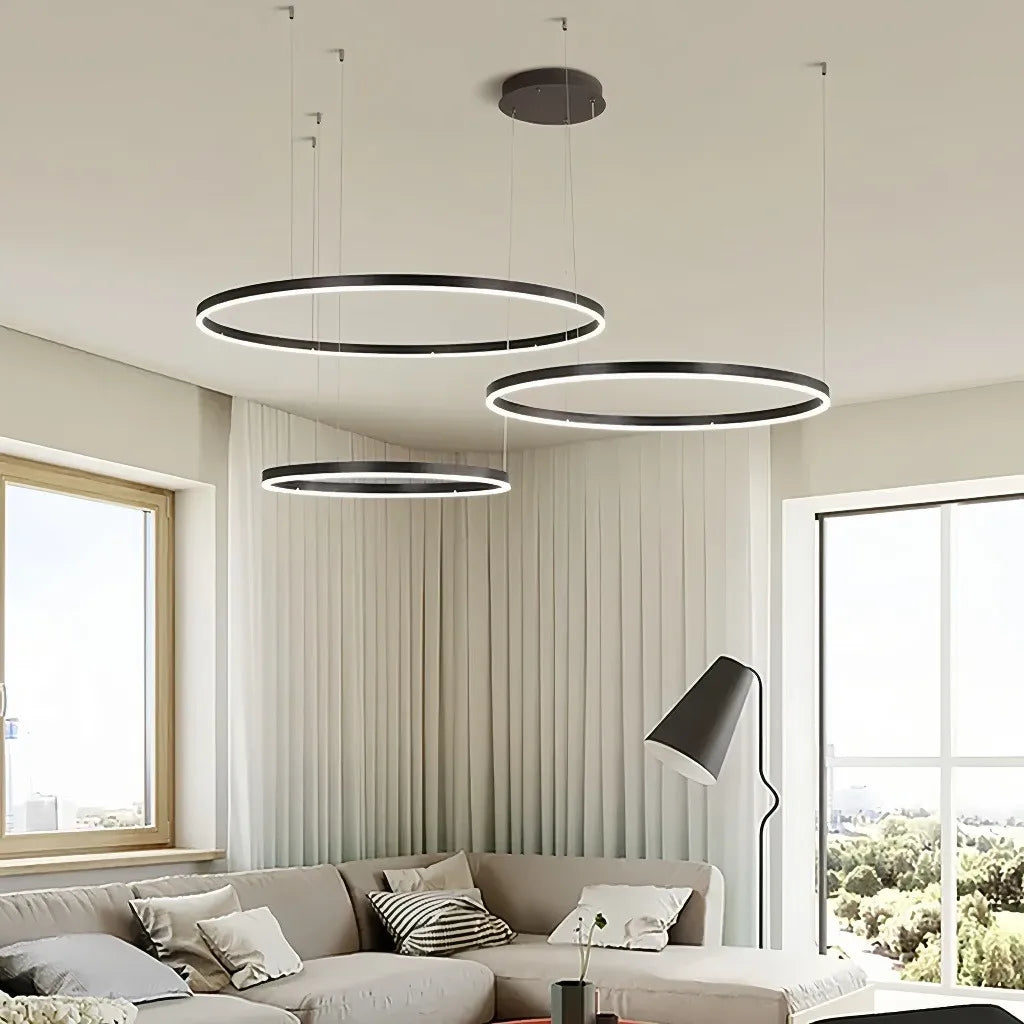 Lampadario LED a cerchi multipli dimmerabile in metallo dal design moderno per soggiorno