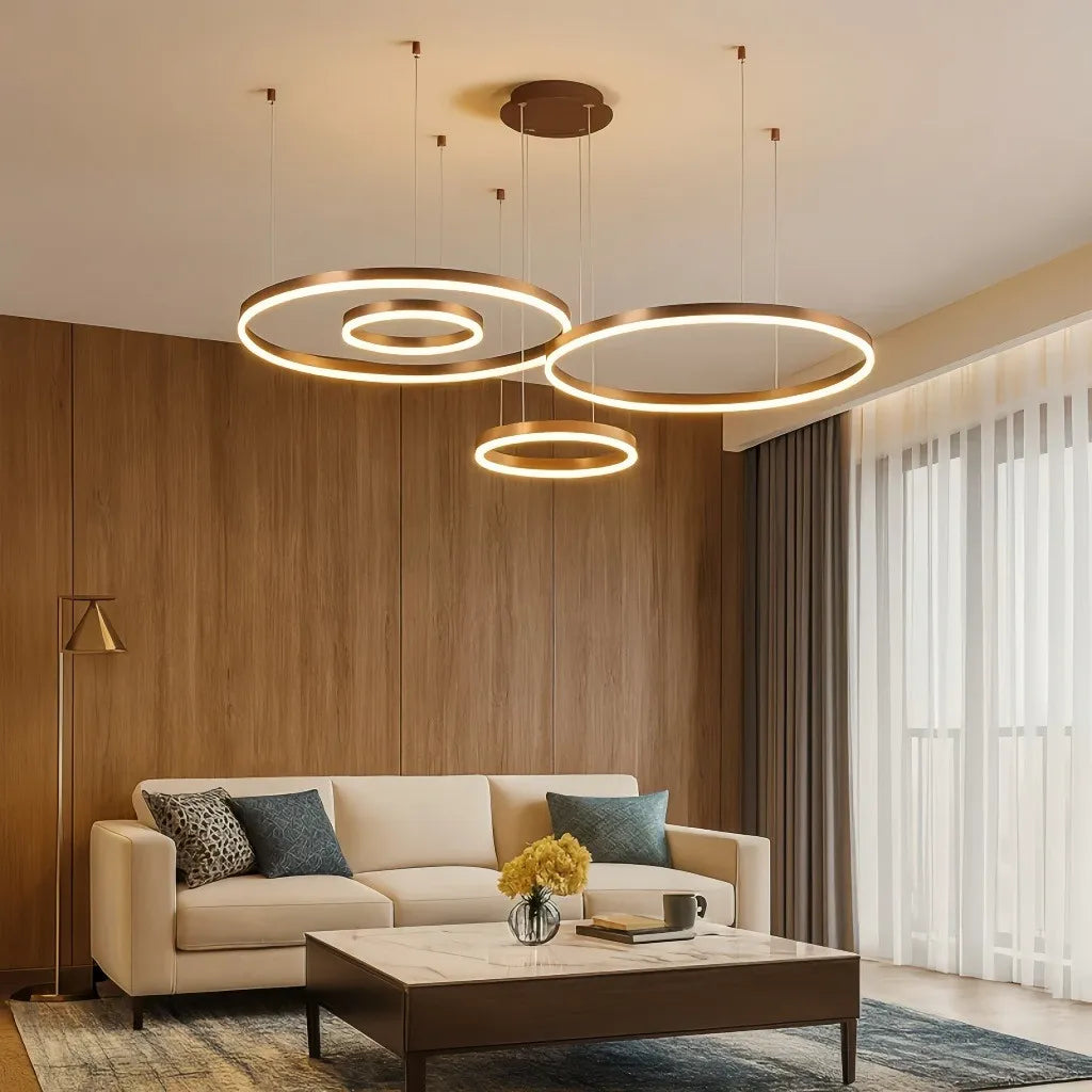Lampadario LED a cerchi multipli dimmerabile in metallo dal design moderno per soggiorno