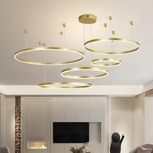 Lampadario LED a cerchi multipli dimmerabile in metallo dal design moderno per soggiorno