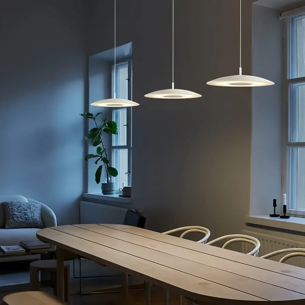 Lampada a sospensione minimal a disco sottile in vetro con LED dimmerabile per isola cucina