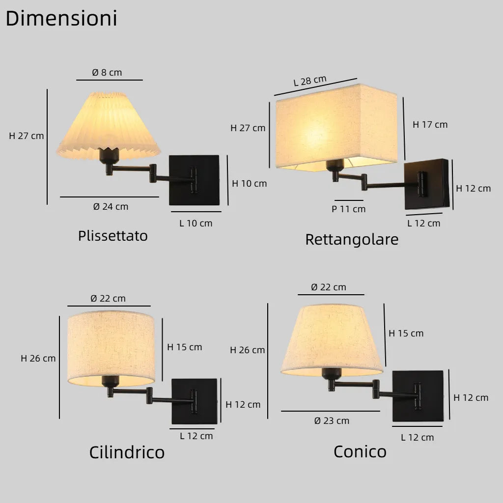 Applique anni 50 con braccio orientabile e paralume in tessuto per camera da letto