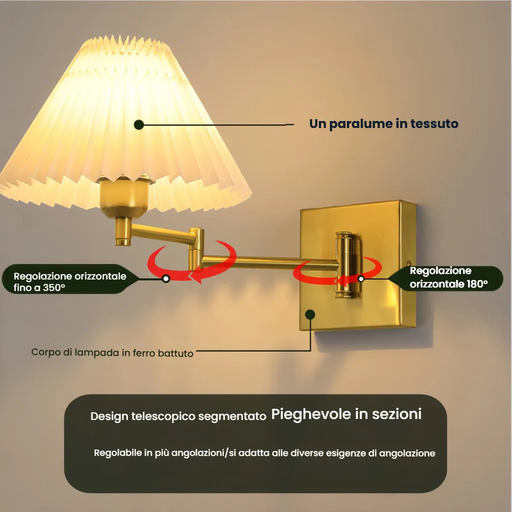 Applique anni 50 con braccio orientabile e paralume in tessuto per camera da letto