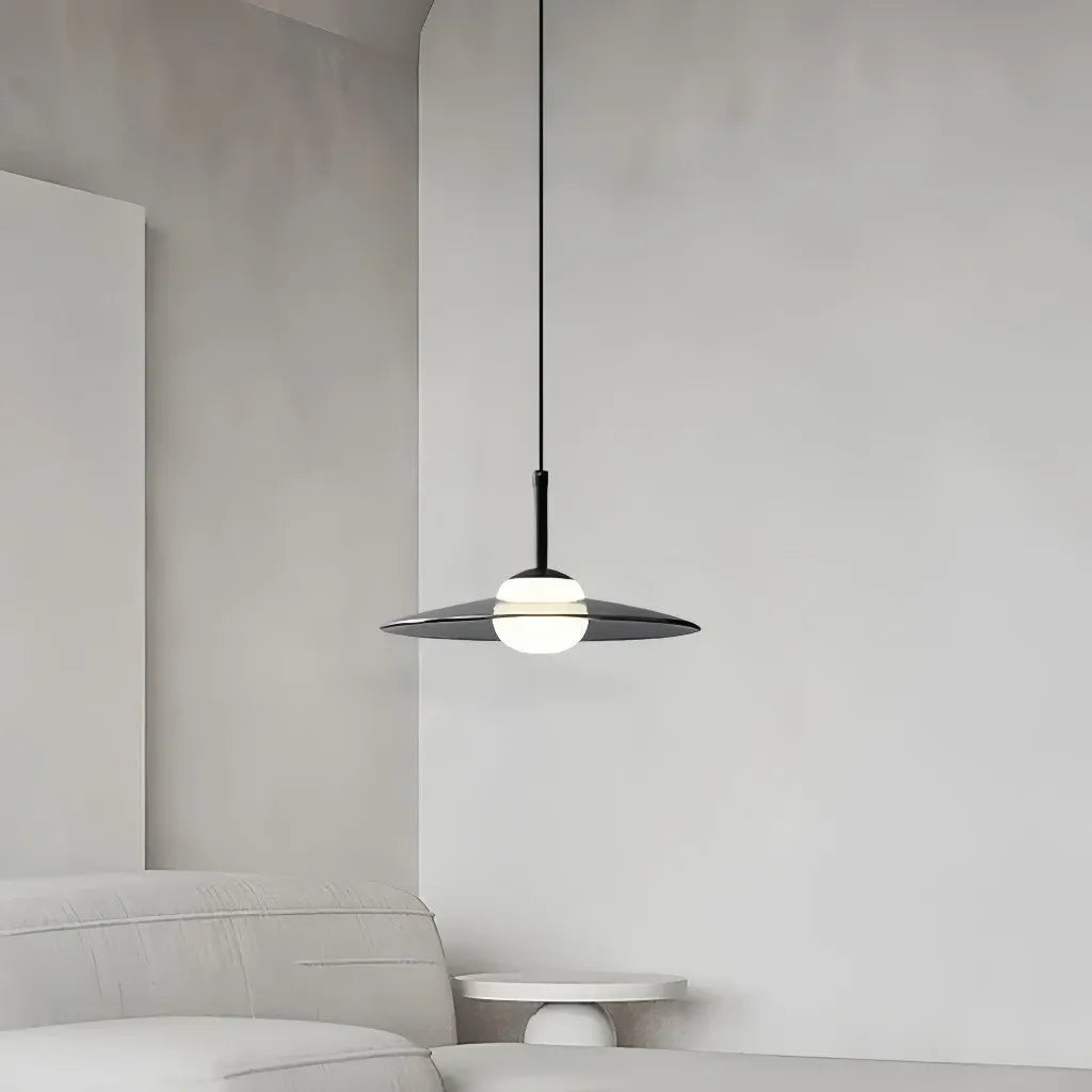 Lampada a sospensione minimal in vetro con diffusore a disco e LED dimmerabile da camera da letto