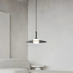 Lampada a sospensione minimal in vetro con diffusore a disco e LED dimmerabile da camera da letto