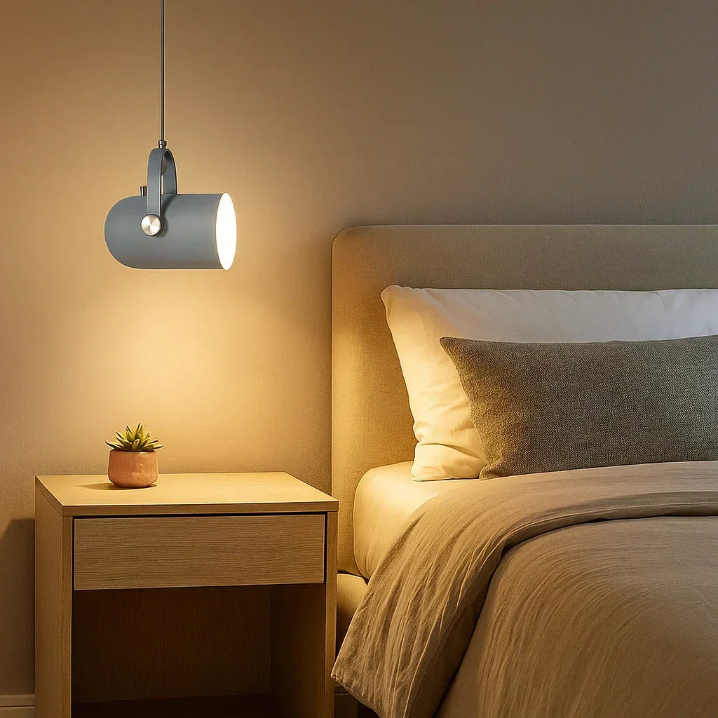Faretto a sospensione orientabile cilindrico moderno LED in metallo per comodino