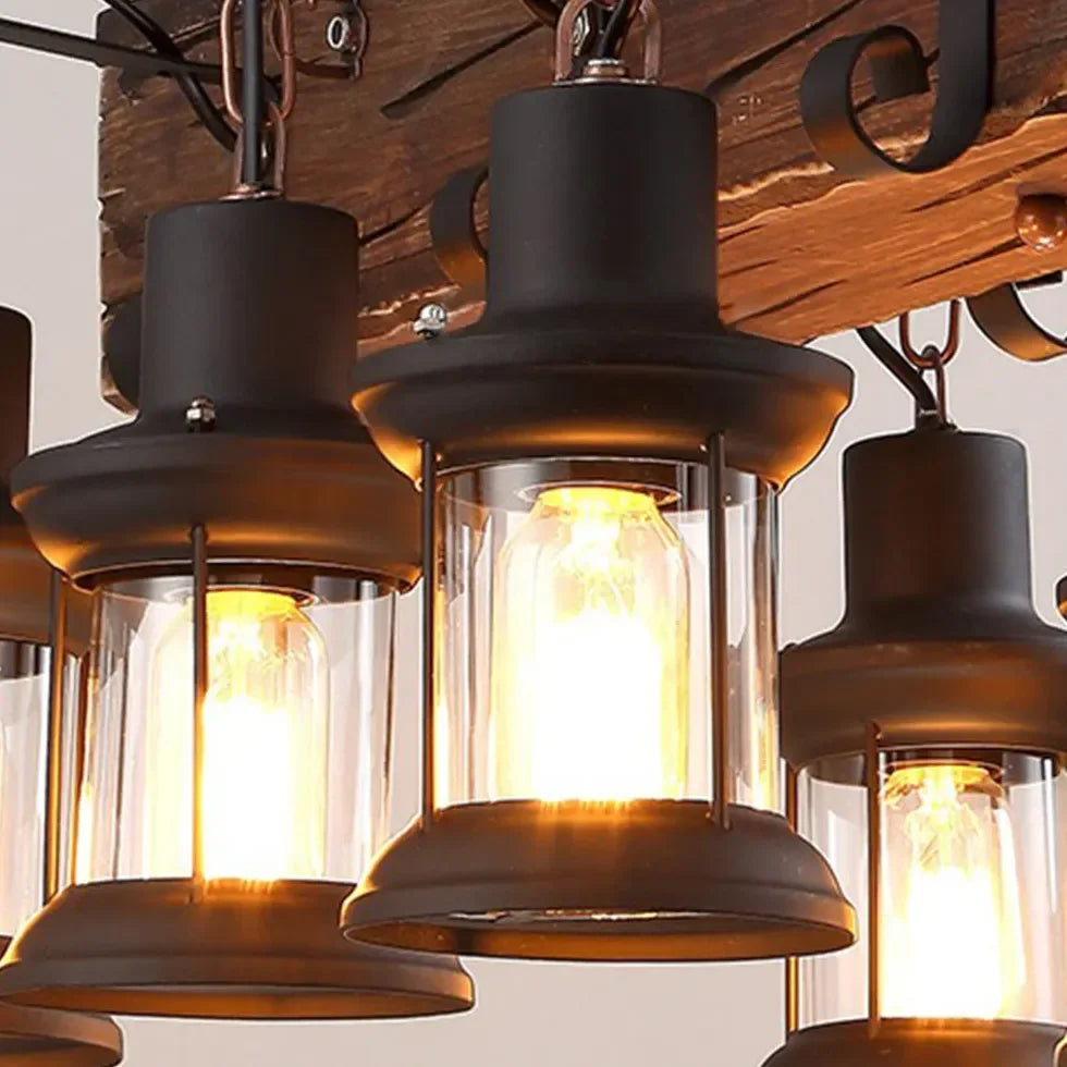Lampadario in legno rettangolare con 6 lanterne sospese stile rustico per sala da pranzo
