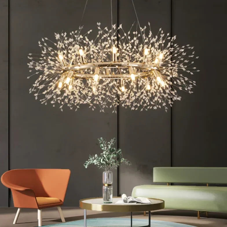 Lampadario LED stile sputnik in cristallo con struttura ad anello oro per soggiorno