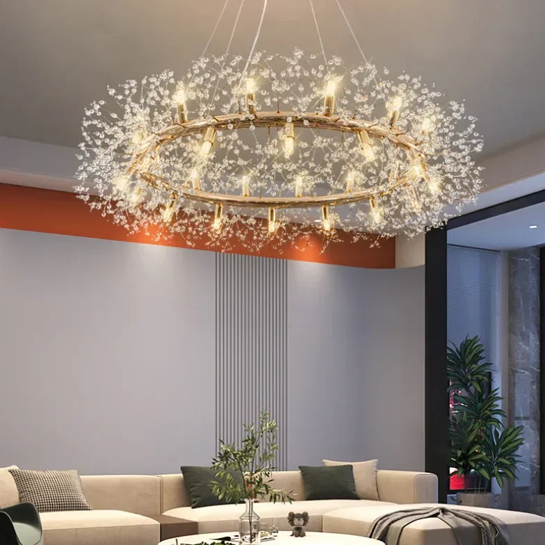Lampadario LED stile sputnik in cristallo con struttura ad anello oro per soggiorno