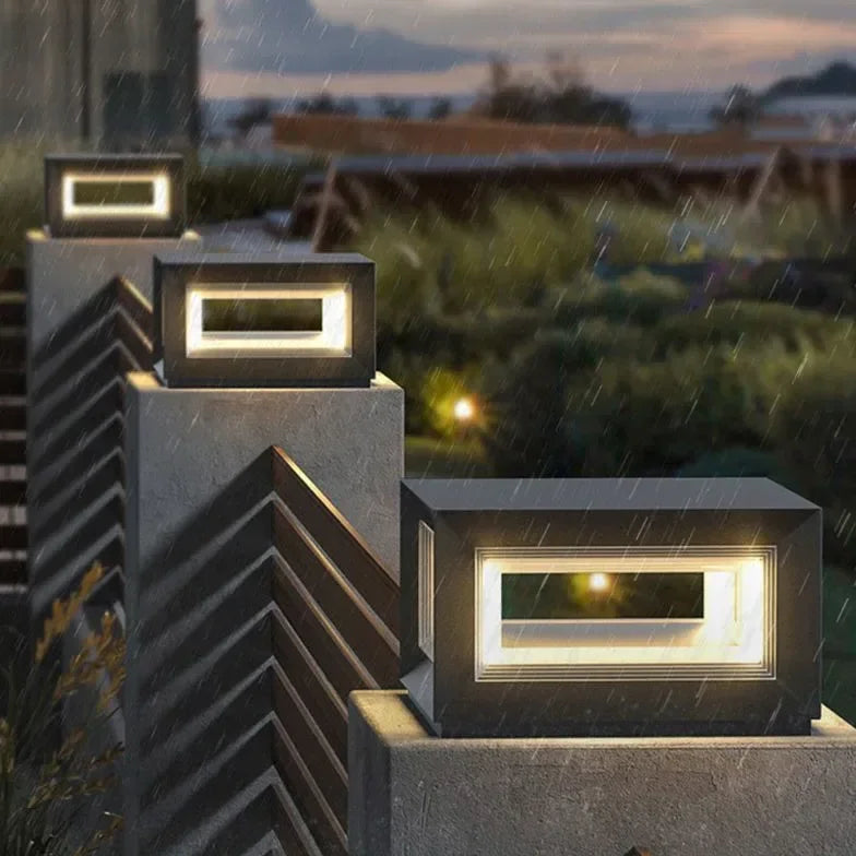 Lampada da pilastro per esterno LED solare cubo nero in metallo moderno